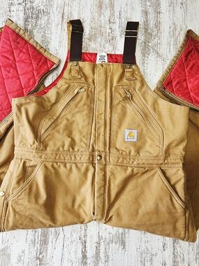 Vintage Carhartt Mens Brown Duck Insulated Zip Bib Overalls Red Quilt Lined